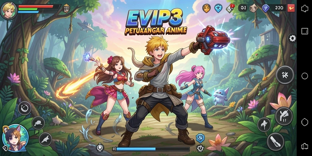 Tampilan gameplay seru dari EVIP3 dengan karakter anime yang berwarna-warni.