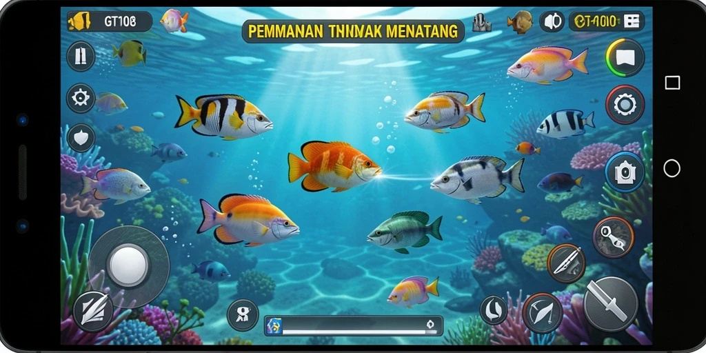 Tangkapan layar gameplay seru GT108 saat menembak ikan.