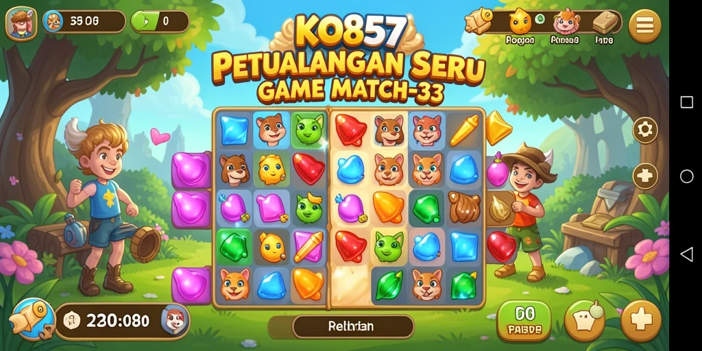 Screenshot gameplay KO857 menunjukkan serunya mencocokkan permata dan tantangan yang dihadapi.