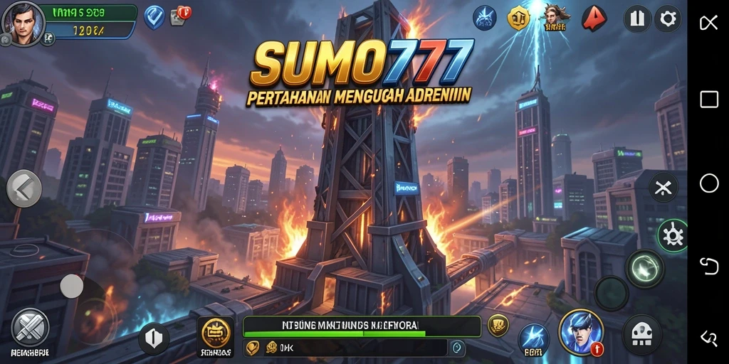 Tangkapan layar gameplay SUMO777 yang menampilkan pertahanan menara yang strategis.