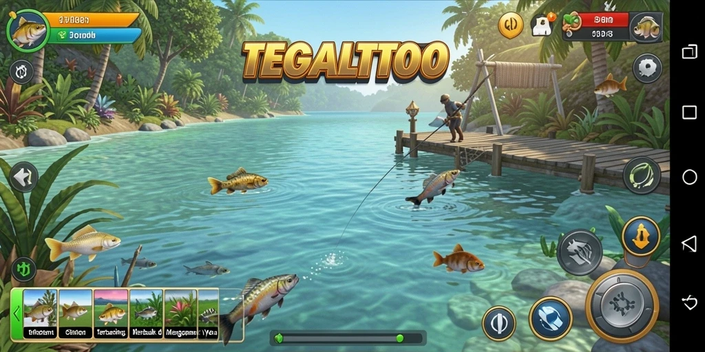 Tampilan gameplay TEGALTOTO saat memancing di lokasi yang indah.