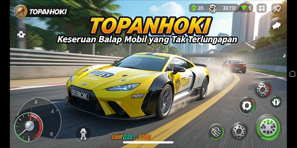 Screenshot gameplay <strong>TOPANHOKI</strong> menunjukkan balapan seru dan mobil yang beragam.